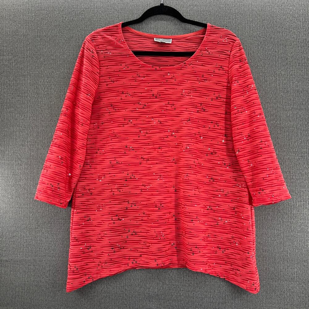 JM Collection Womens Sequined Scoop Neck 3/4 Sleeve Coral Shimmer Top Blouse M